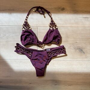 Beach Bunny Plum Triangle Bikini with Gold Chain Accents